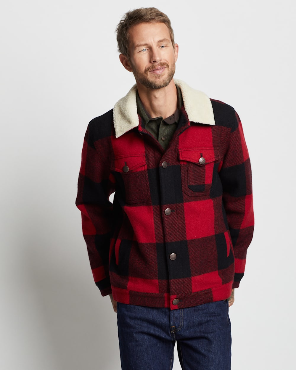 ALTERNATE VIEW OF MEN'S WOOL STADIUM CLOTH PLAID TRUCKER COAT IN RED/BLACK BUFFALO CHECK image number 2