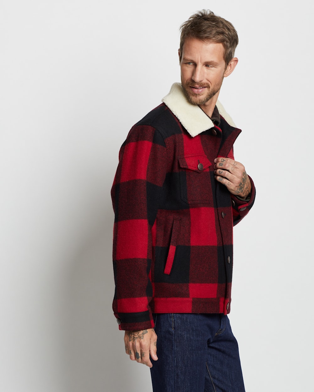 Men s Wool Stadium Cloth Plaid Trucker Coat