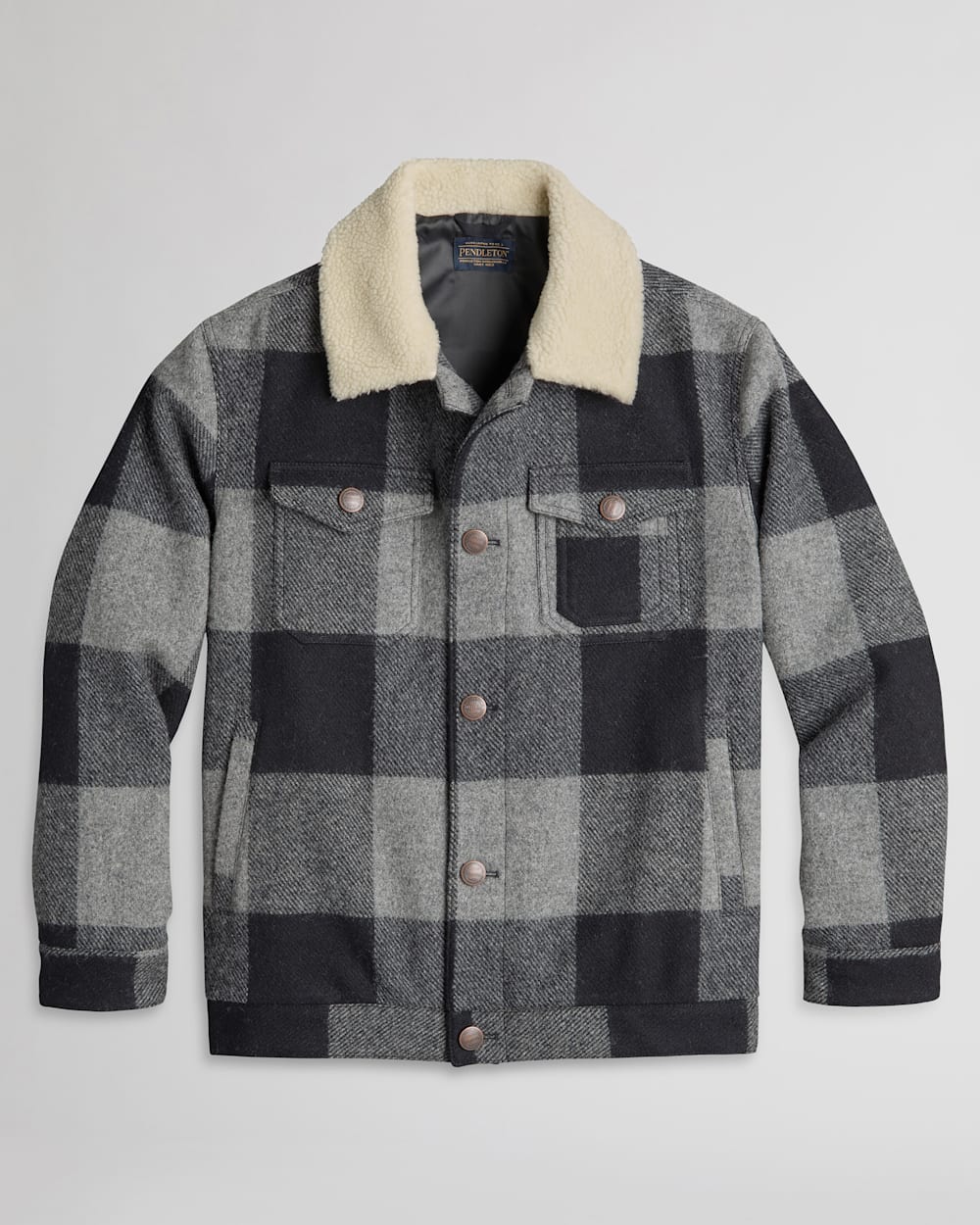 MEN'S WOOL STADIUM CLOTH PLAID TRUCKER COAT IN GREY/BLACK BUFFALO CHECK image number 1