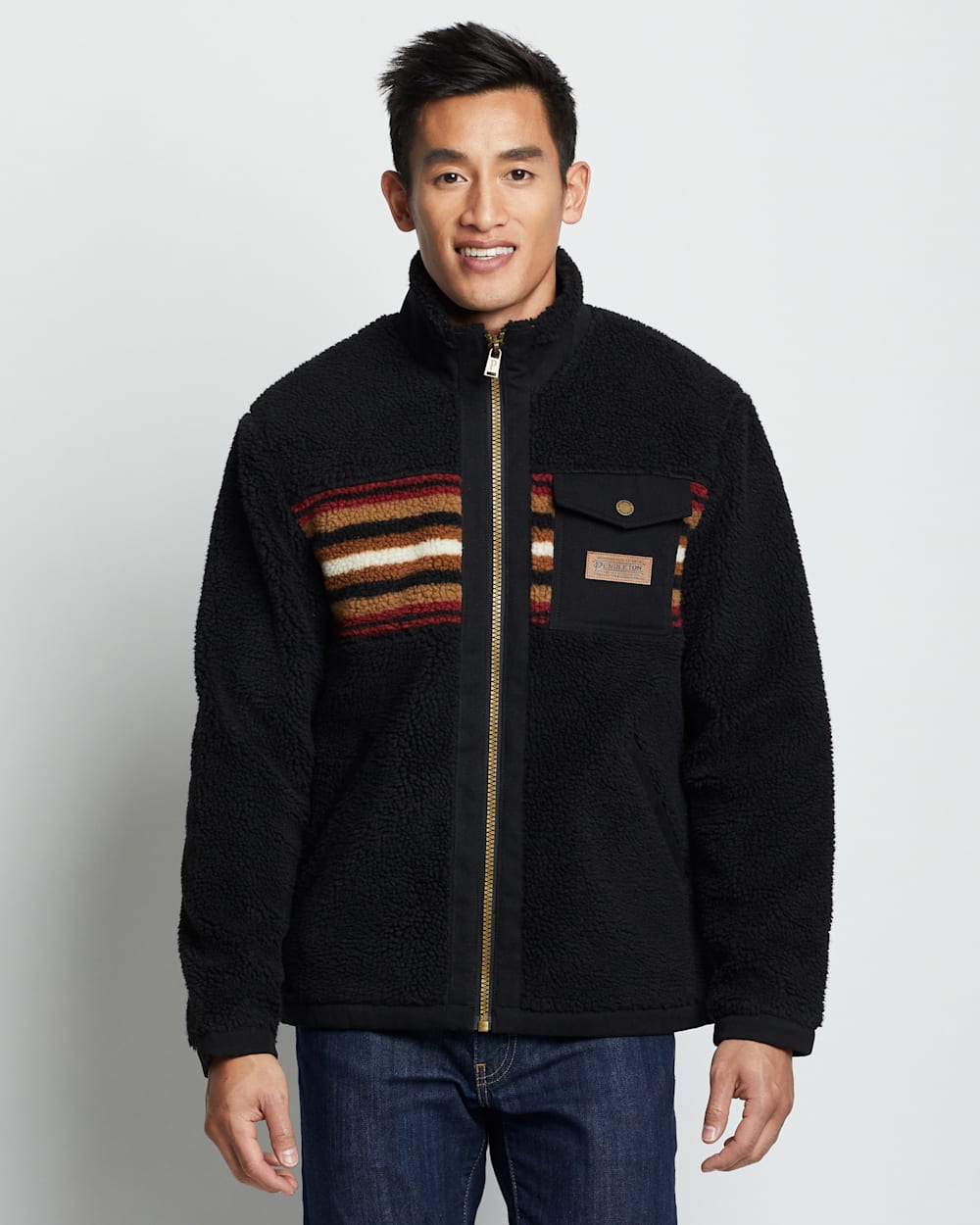 Black & Red Stripe Stand-Collar Fleece Men's Jacket
