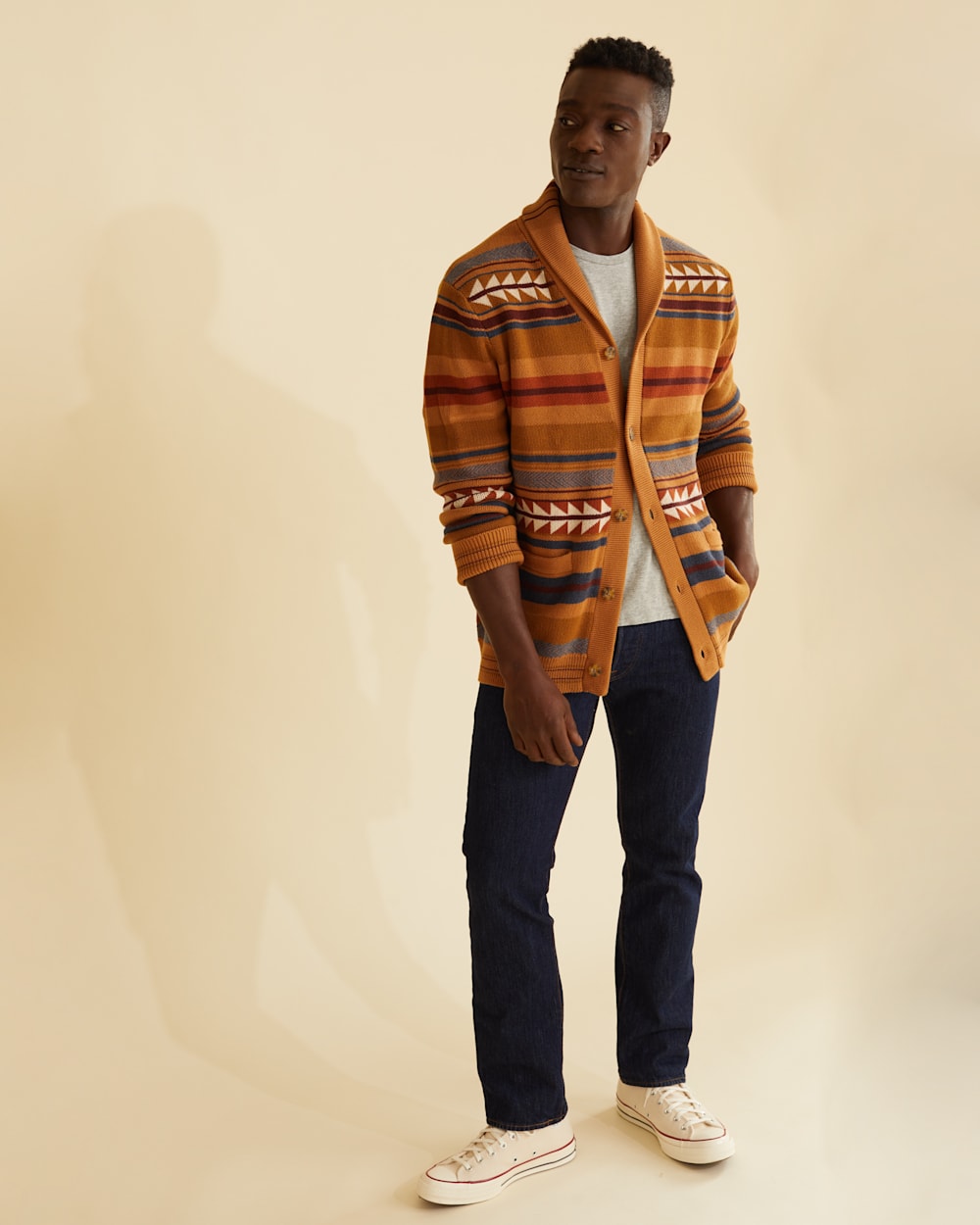 MEN'S MEDICINE BOW COTTON CARDIGAN IN BROWN/BRICK STRIPE image number 1