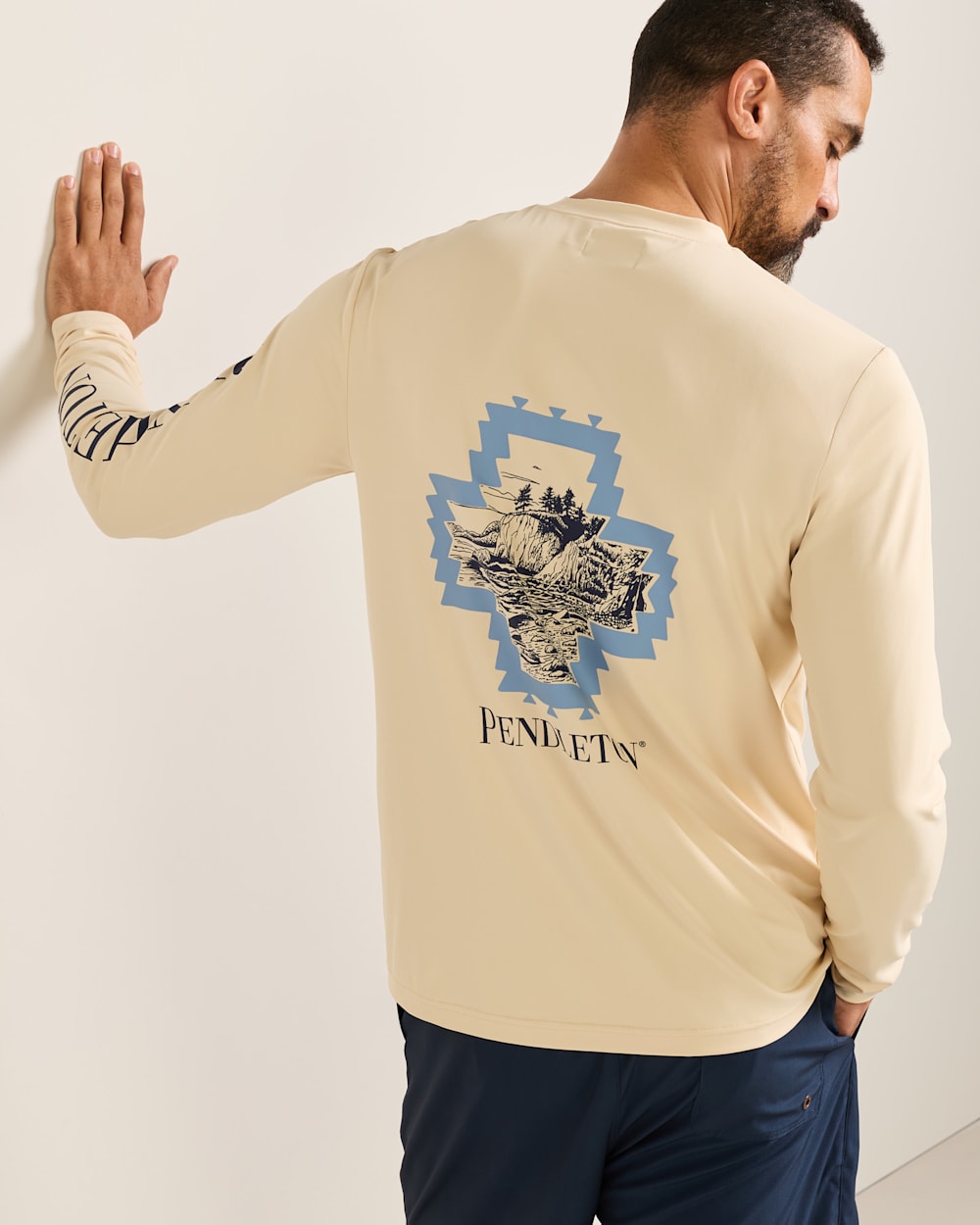 CLIFF WALK MEN'S LONG-SLEEVE GRAPHIC SWIM TEE IN SANDSHELL/CLIFF WALK image number 1