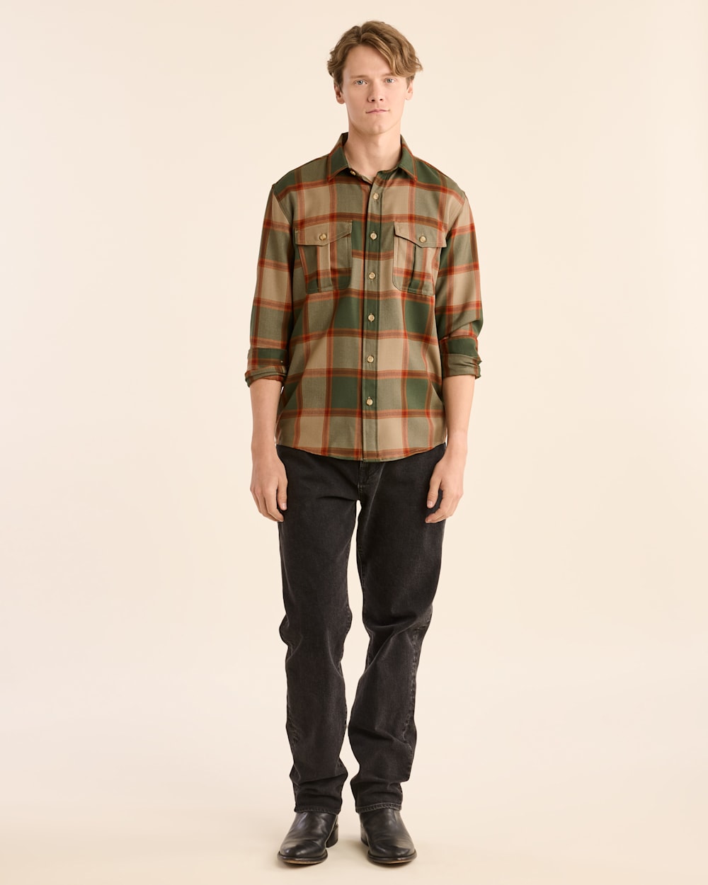 MEN'S PLAID HARRISON MERINO SHIRT IN GREEN/TAN BLOCK PLAID image number 1