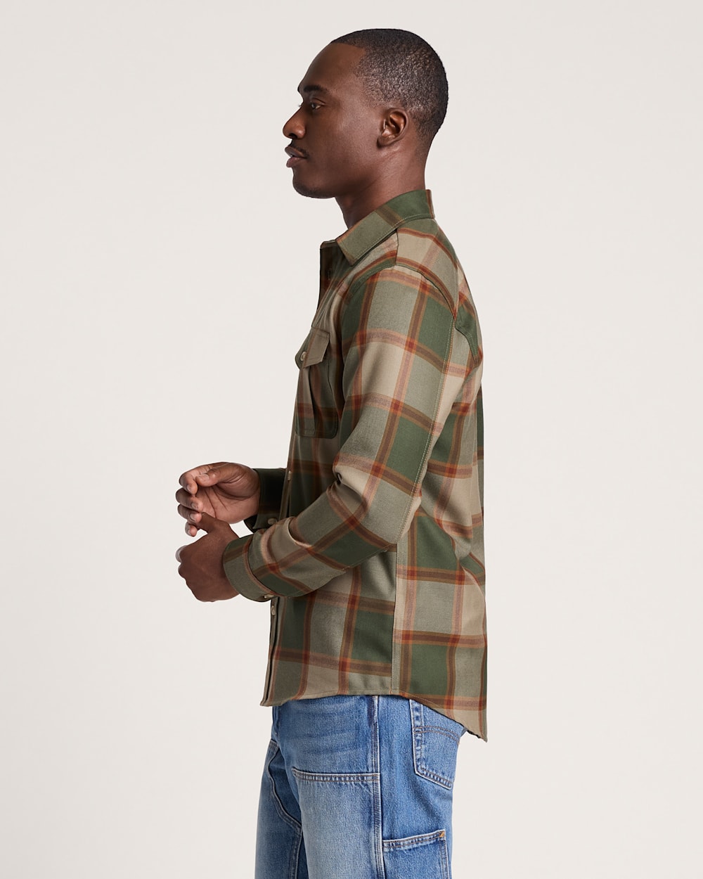 ALTERNATE VIEW OF MEN'S PLAID HARRISON MERINO SHIRT IN GREEN/TAN BLOCK PLAID image number 3