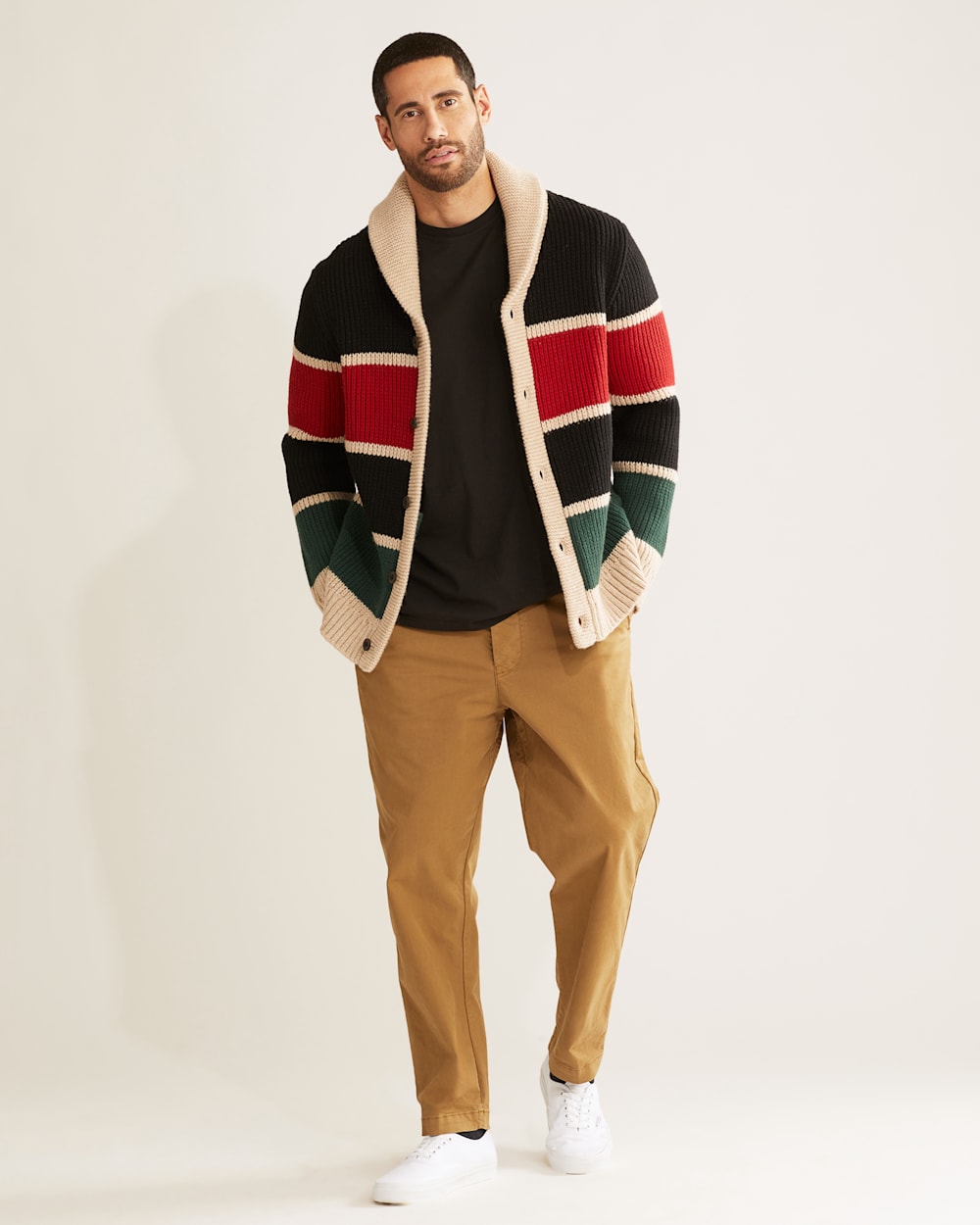 MEN'S RANGER STRIPE LAMBSWOOL CARDIGAN IN BLACK/RED/GREEN image number 1