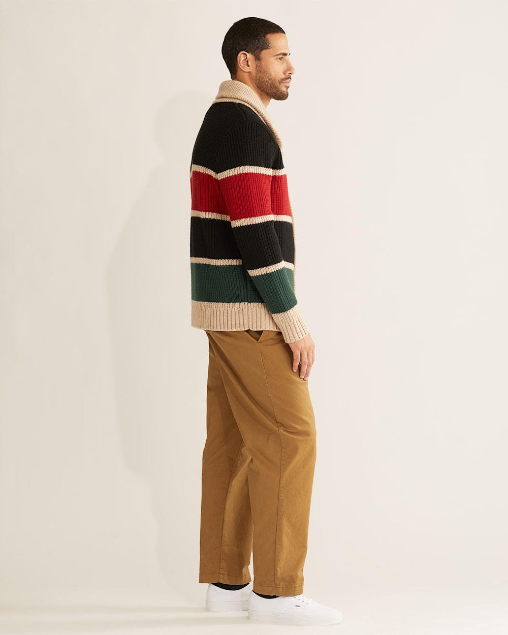 ALTERNATE VIEW OF MEN'S RANGER STRIPE LAMBSWOOL CARDIGAN IN BLACK/RED/GREEN image number 2