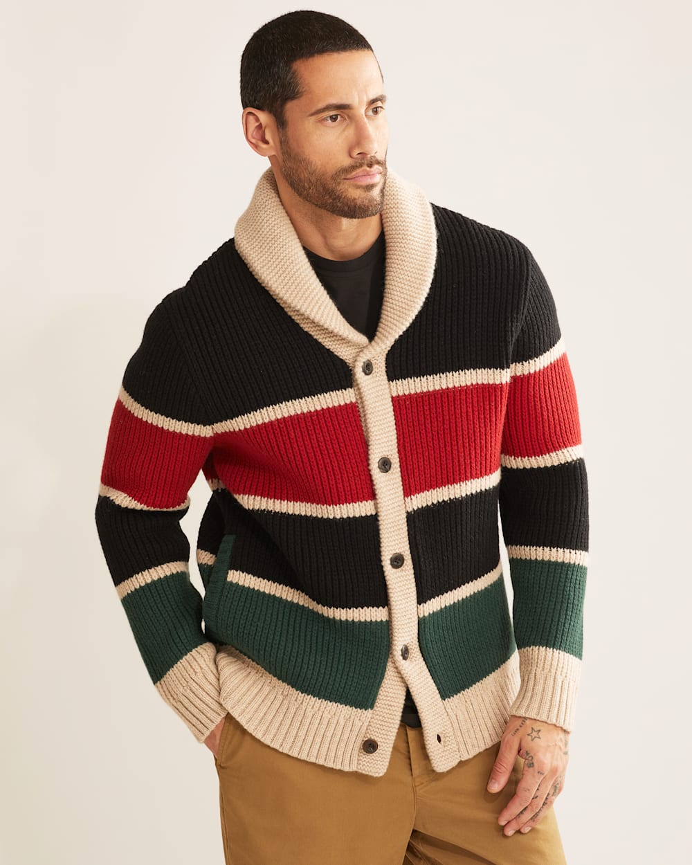 ALTERNATE VIEW OF MEN'S RANGER STRIPE LAMBSWOOL CARDIGAN IN BLACK/RED/GREEN image number 4