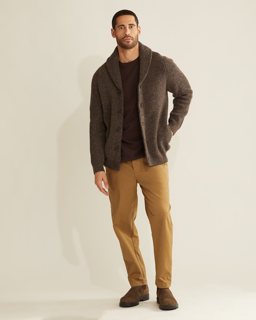MEN'S LAMBSWOOL SHAWL COLLAR CARDIGAN IN KHAKI/NAVY TWIST image number 1