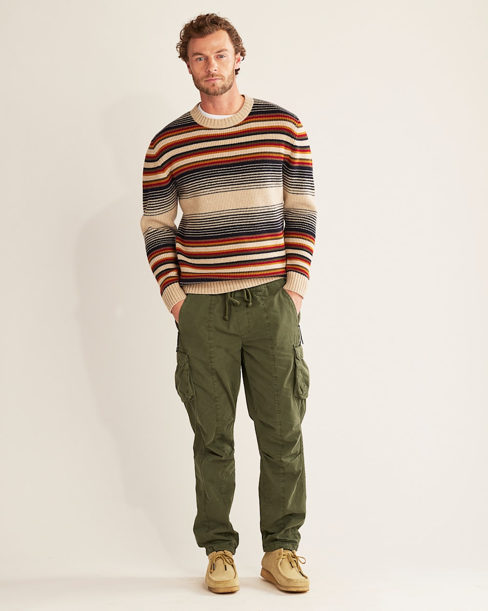 MEN'S MERINO STRIPE CREW SWEATER IN LINEN/NAVY OMBRE image number 1