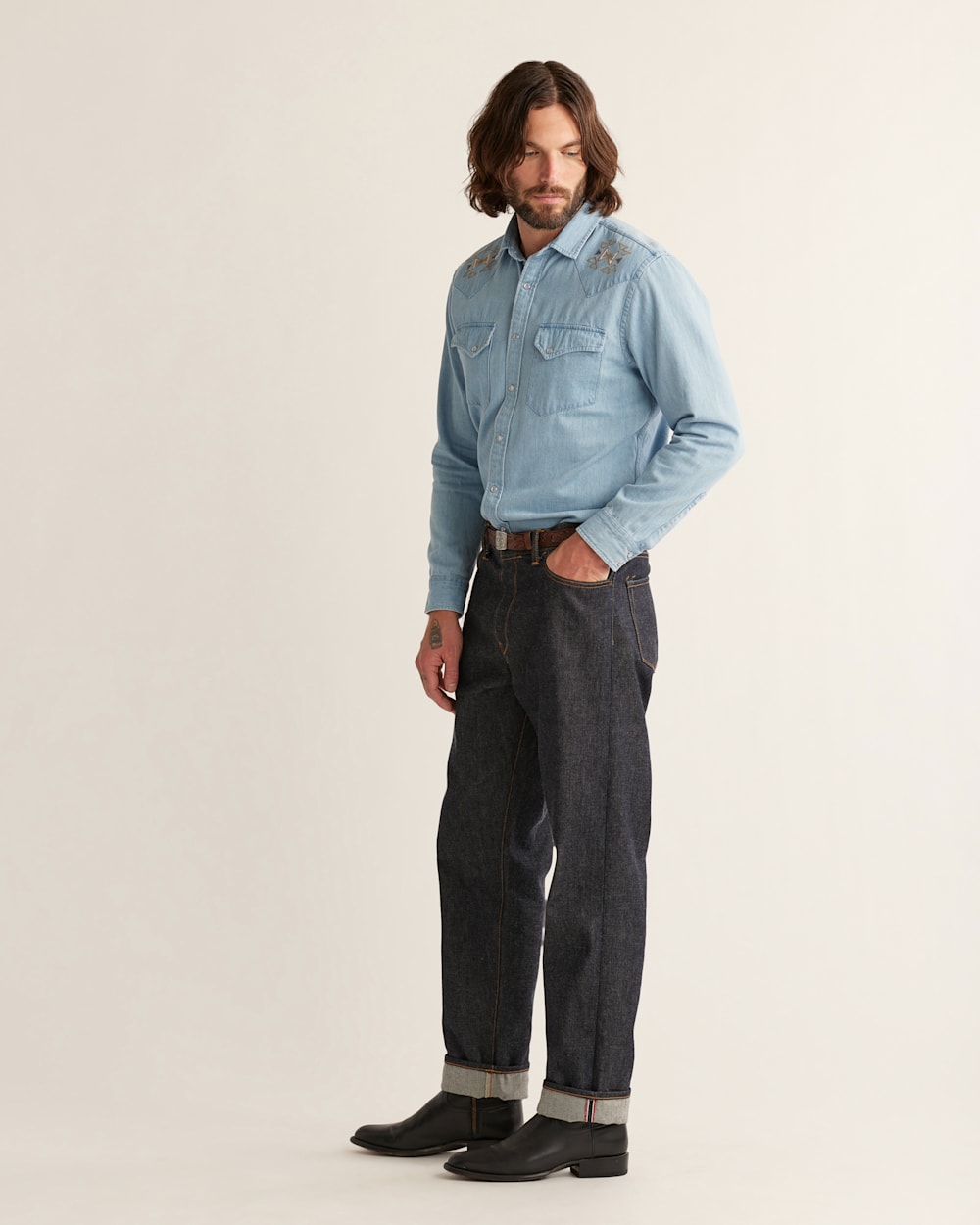 ALTERNATE VIEW OF MEN'S WYATT EMBROIDERED DENIM SHIRT IN FADED INDIGO image number 4