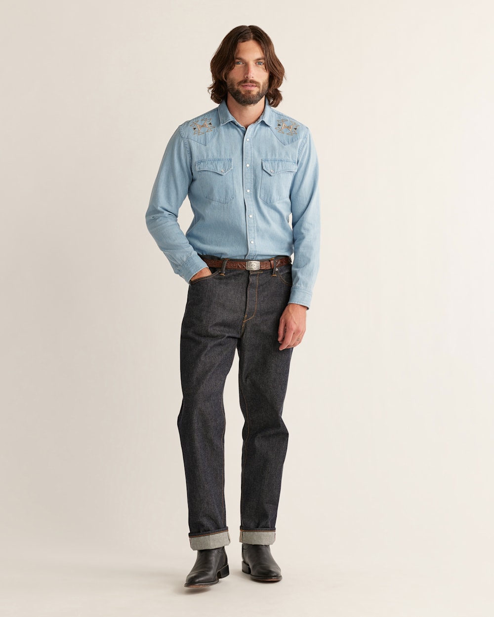 Embroidered denim blouse clearance