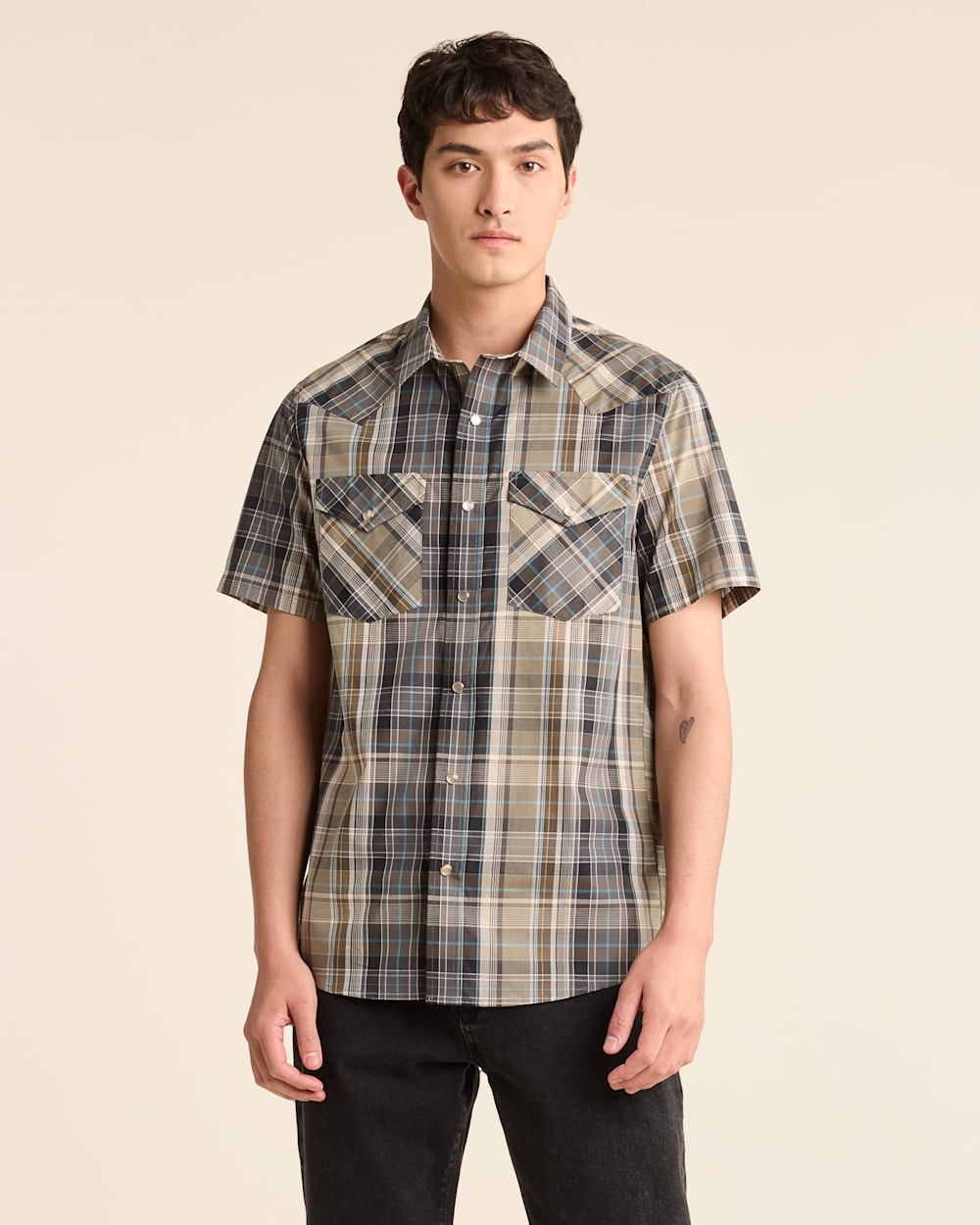 MEN'S PLAID SHORT-SLEEVE BISHOP COTTON SHIRT IN GREY/STORM image number 1