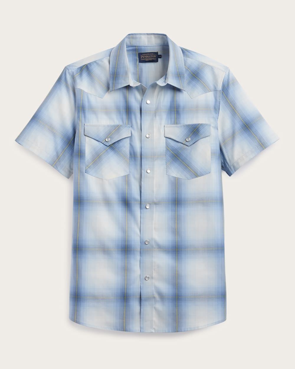 ALTERNATE VIEW OF MEN'S PLAID SHORT-SLEEVE BISHOP COTTON SHIRT IN LIGHT BLUE OMBRE image number 5
