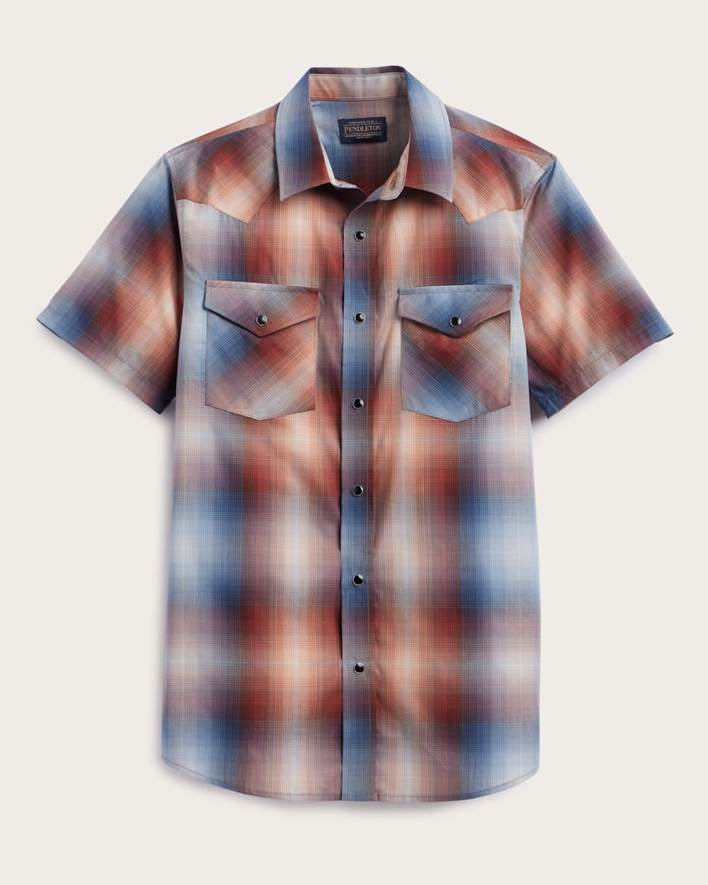 MEN'S PLAID SHORT-SLEEVE BISHOP COTTON SHIRT IN BRICK/NAVY OMBRE image number 1