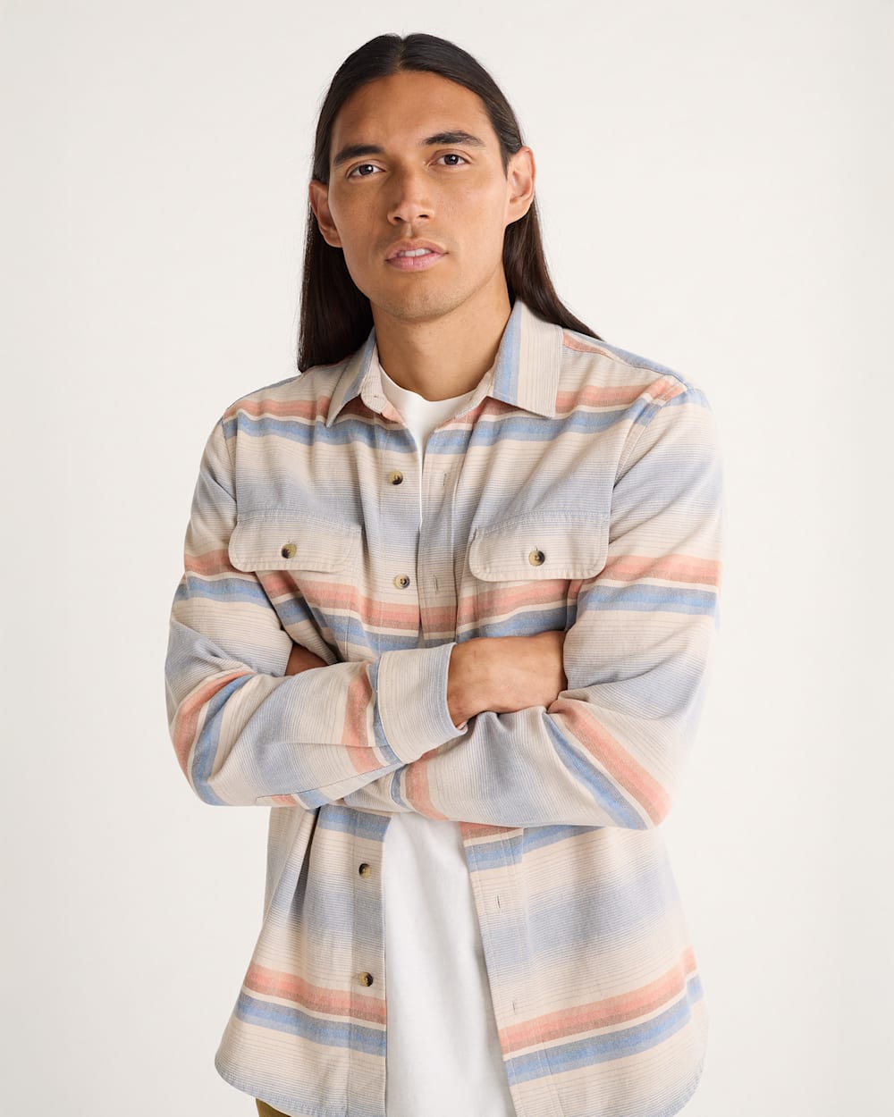 MEN'S STRIPED BEACH SHACK COTTON SHIRT IN NATURAL MULTI STRIPE image number 1