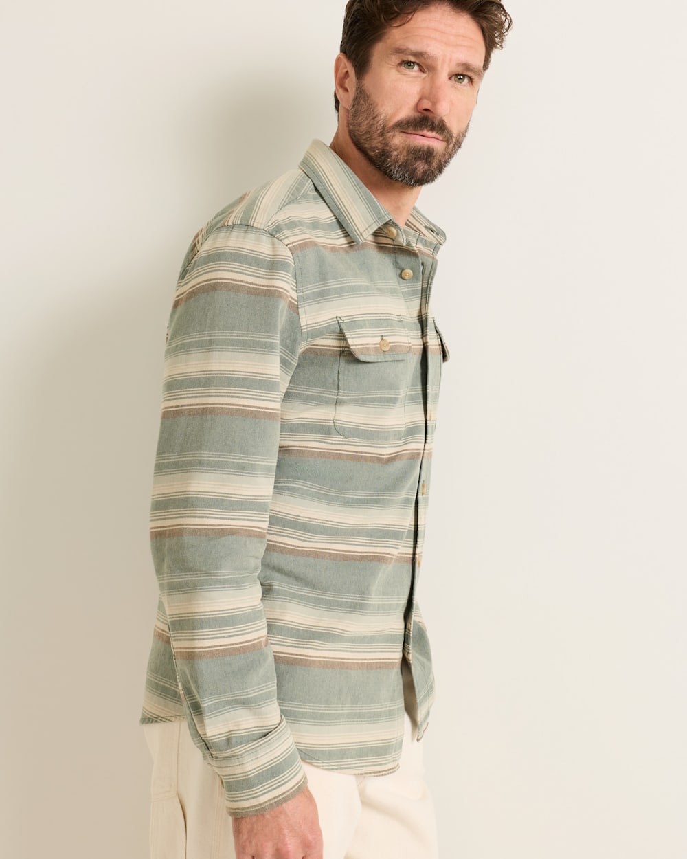 ALTERNATE VIEW OF MEN'S STRIPE BEACH SHACK COTTON SHIRT IN TEAL MULTI image number 3