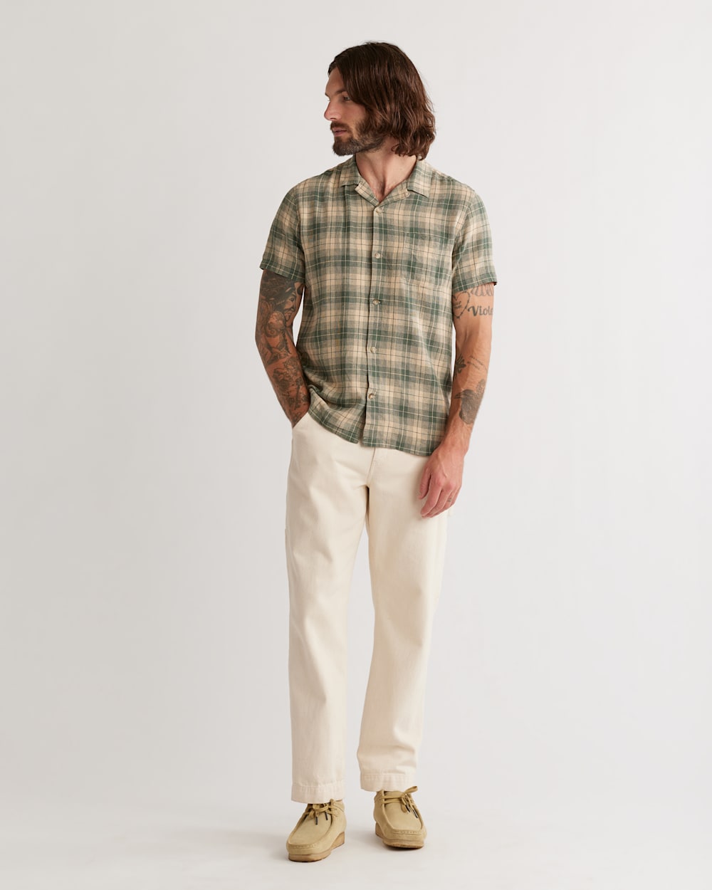 MEN'S SHORT-SLEEVE LINEN CAMP SHIRT IN GREEN/KHAKI PLAID image number 1