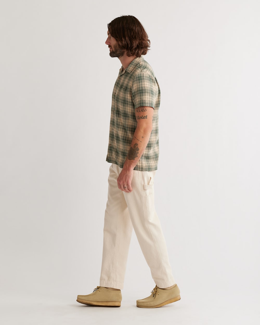 ALTERNATE VIEW OF MEN'S SHORT-SLEEVE LINEN CAMP SHIRT IN GREEN/KHAKI PLAID image number 2