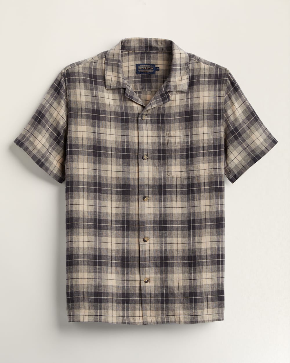 MEN'S SHORT-SLEEVE LINEN CAMP SHIRT IN ESPRESSO/KHAKI PLAID image number 1