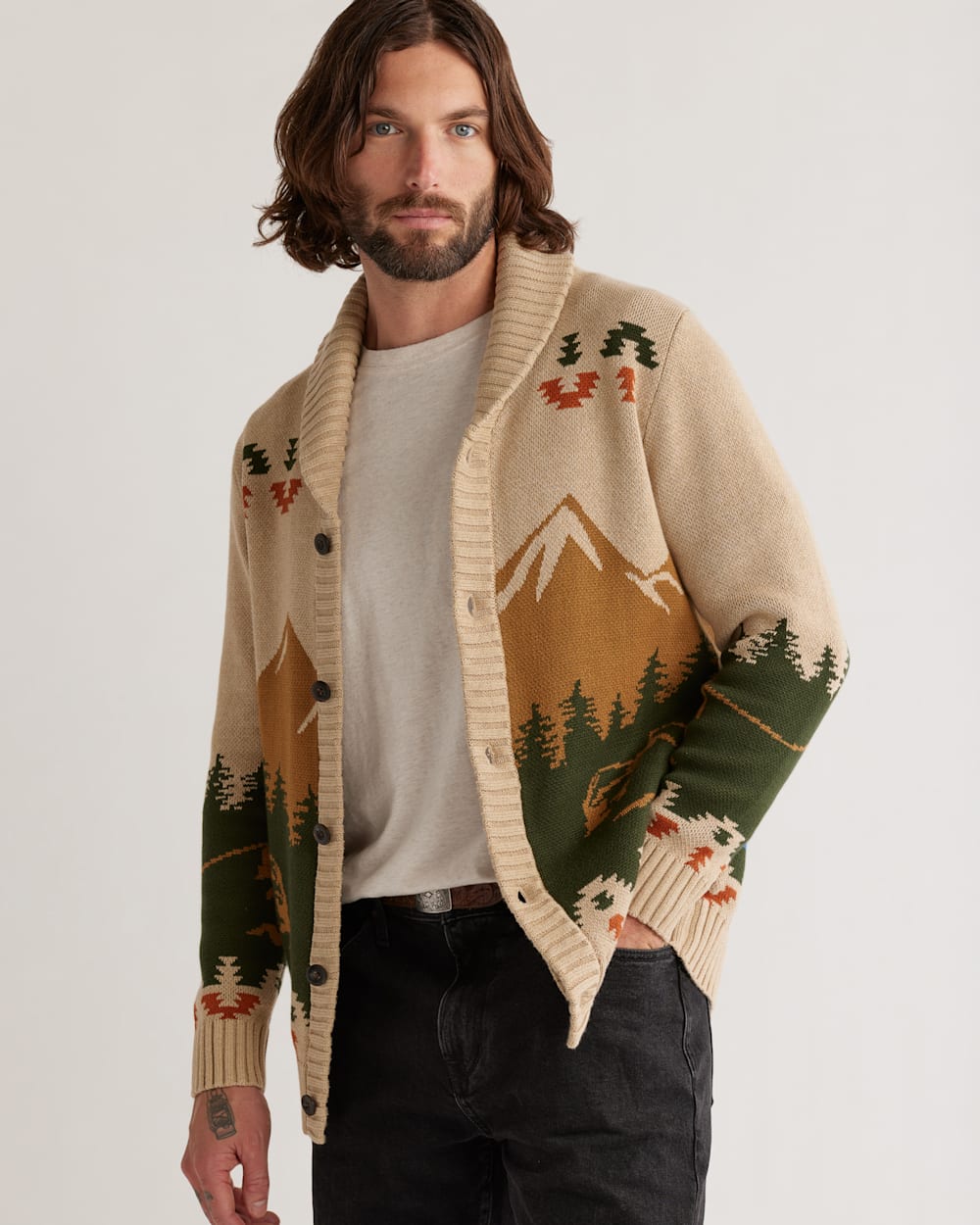 MEN'S CAMP COTTON CARDIGAN IN TAN PEAKS image number 1