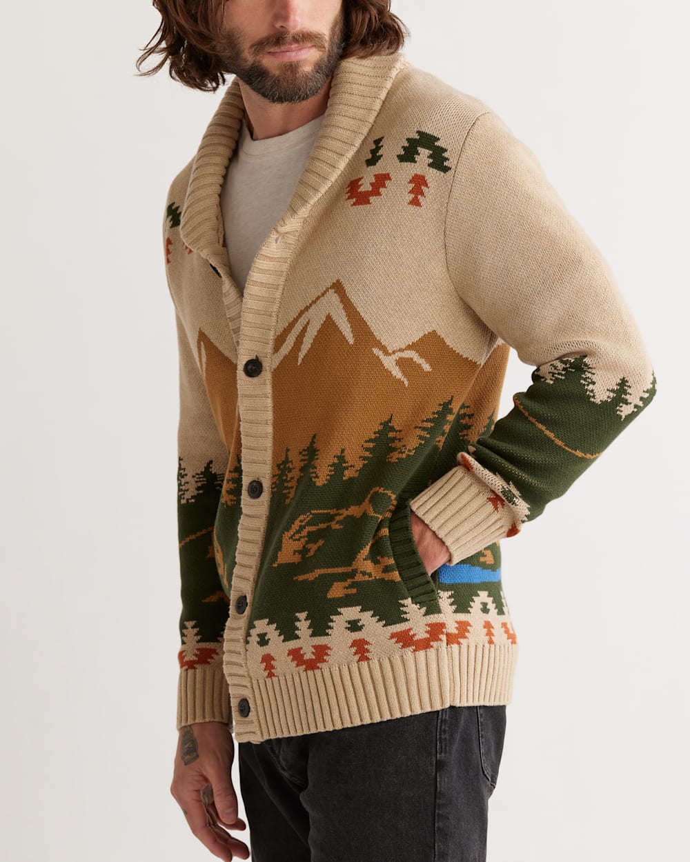 ALTERNATE VIEW OF MEN'S CAMP COTTON CARDIGAN IN TAN PEAKS image number 4