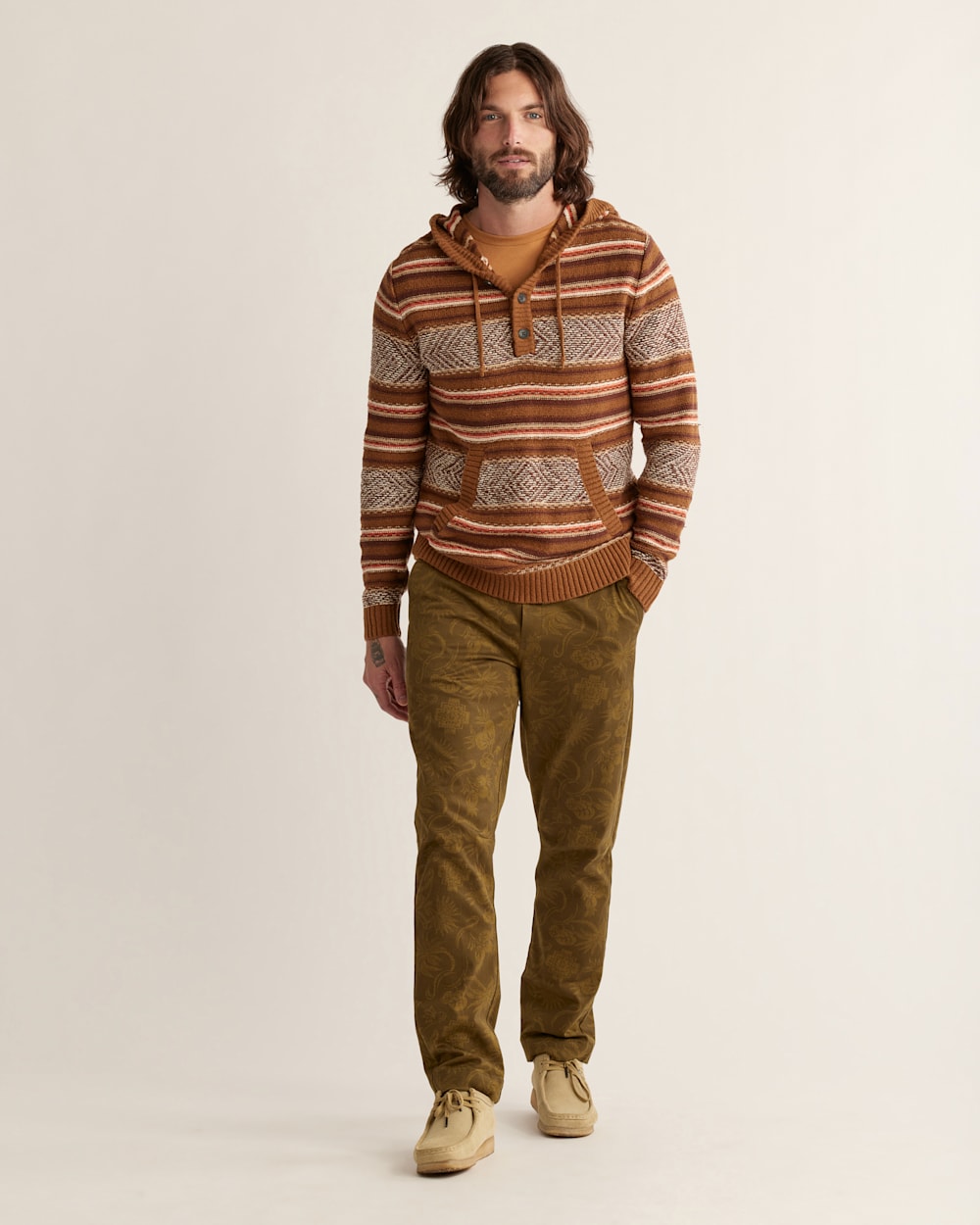 MEN'S HIGHLAND PEAK COTTON HOODIE IN KHAKI/CORAL/COFFEE STRIPE image number 1