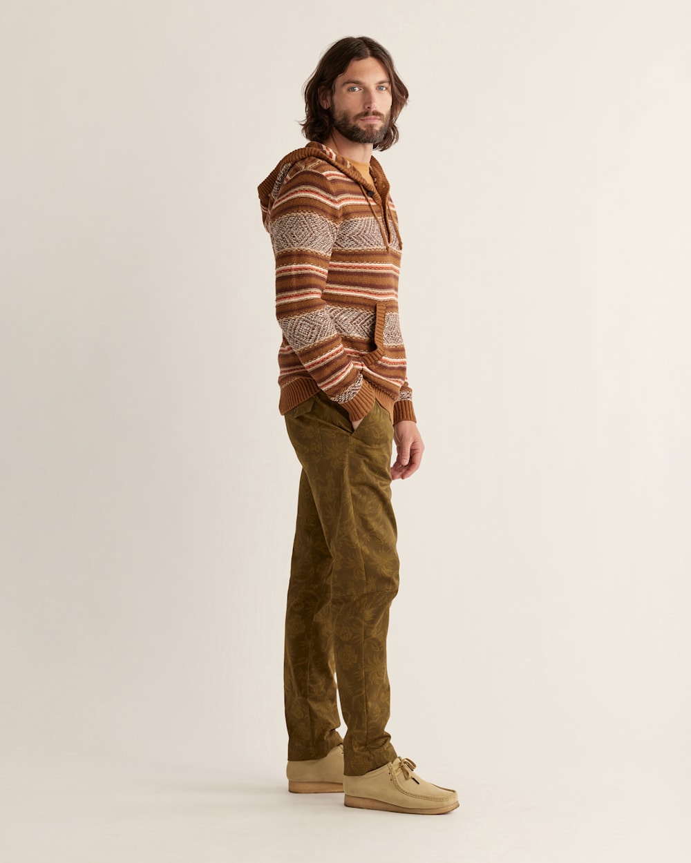 ALTERNATE VIEW OF MEN'S HIGHLAND PEAK COTTON HOODIE IN KHAKI/CORAL/COFFEE STRIPE image number 2