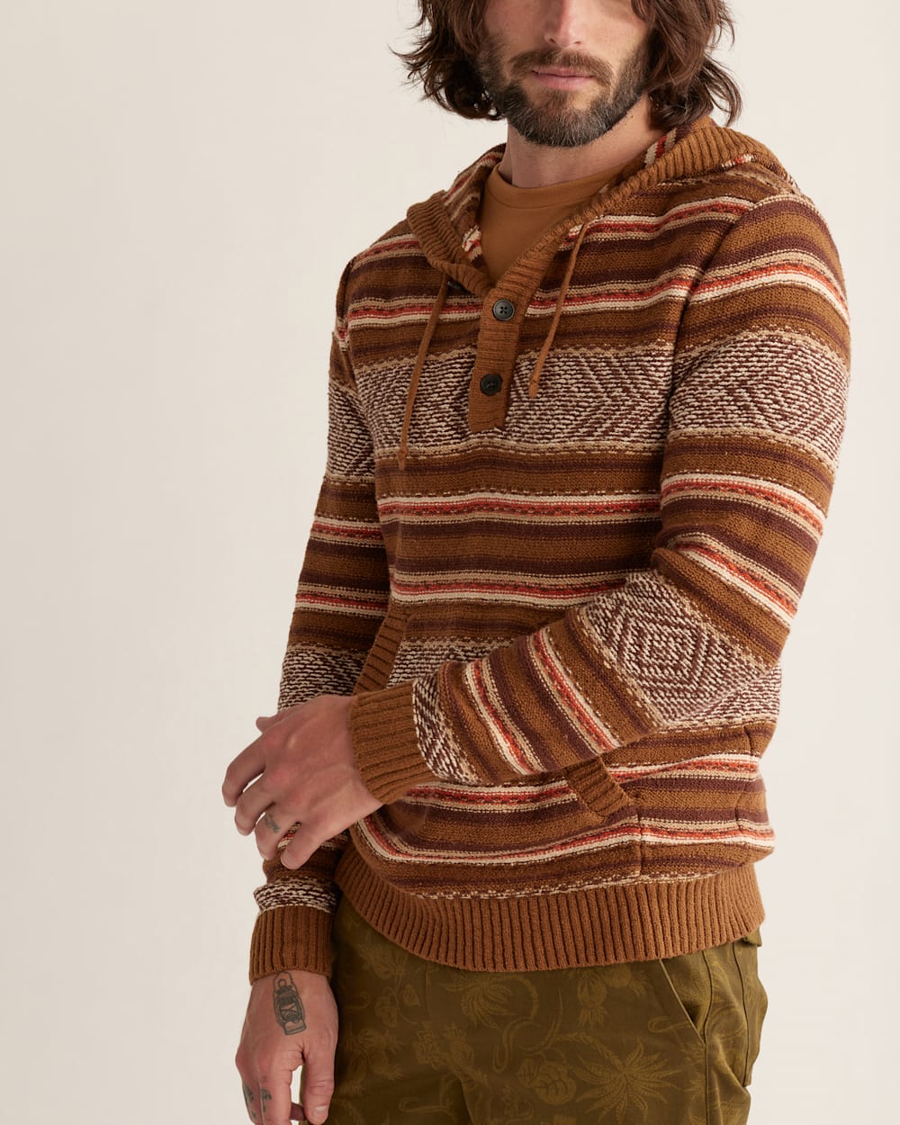 ALTERNATE VIEW OF MEN'S HIGHLAND PEAK COTTON HOODIE IN KHAKI/CORAL/COFFEE STRIPE image number 4