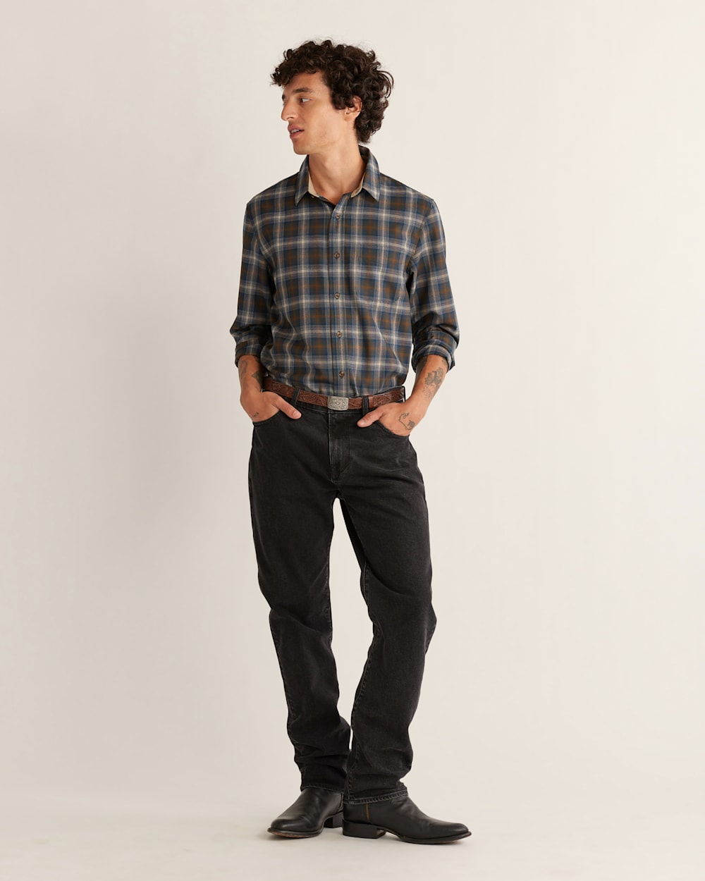 ALTERNATE VIEW OF MEN'S LODGE MERINO SHIRT IN BLUE/BROWN/TAN PLAID image number 4