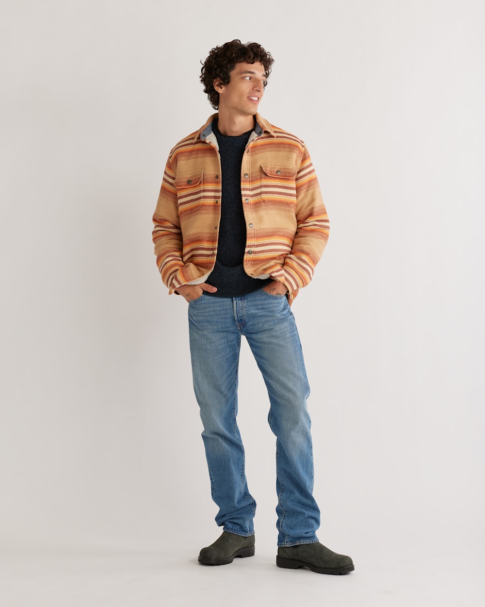 MEN'S STRIPED DOUBLESOFT SHERPA-LINED SHIRT JACKET IN TAN RALSTON STRIPE image number 1