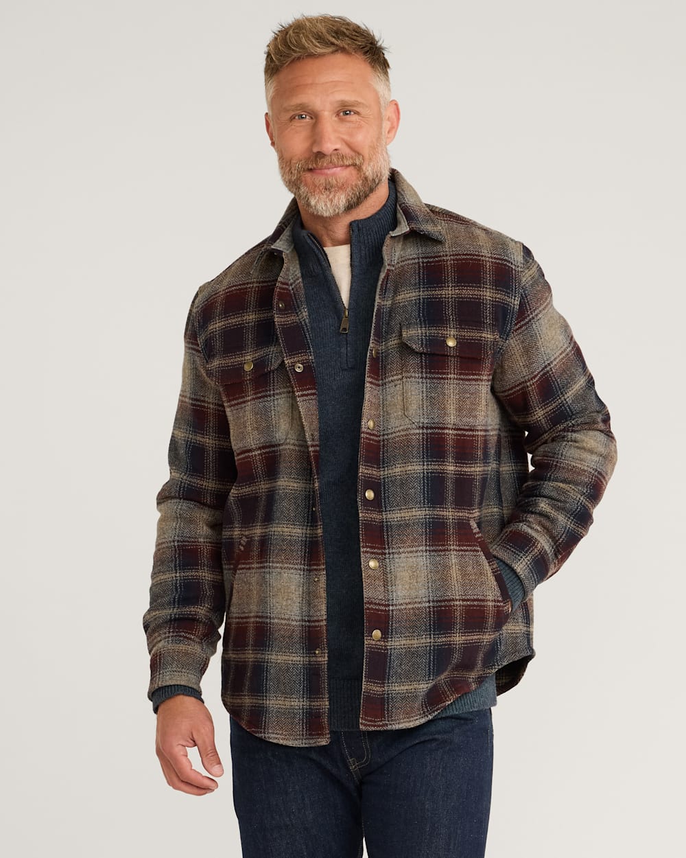 MEN'S PLAID FOREST SHIRT JACKET IN MAROON/NAVY image number 1