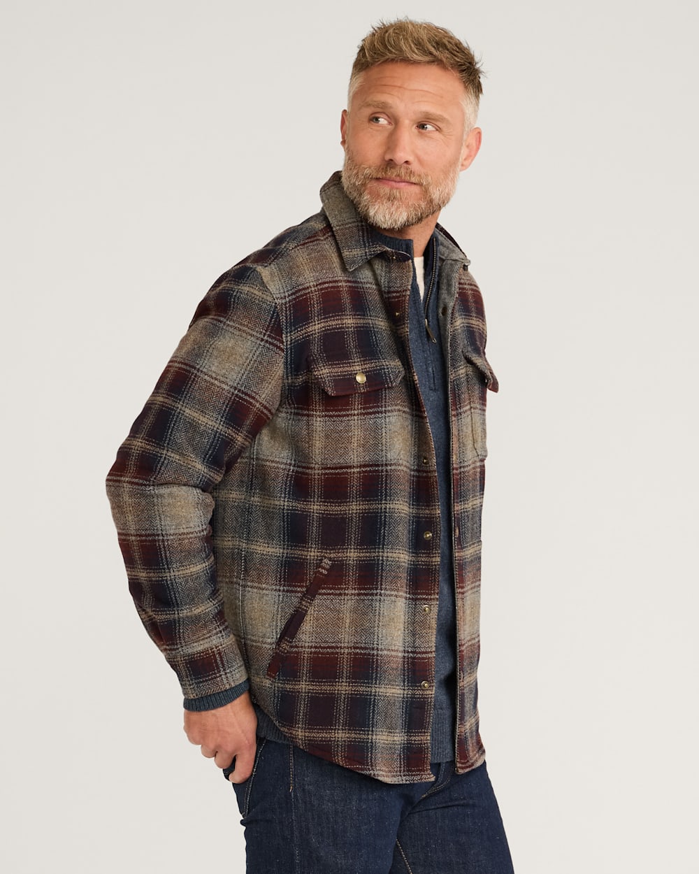 ALTERNATE VIEW OF MEN'S PLAID FOREST SHIRT JACKET IN MAROON/NAVY image number 2