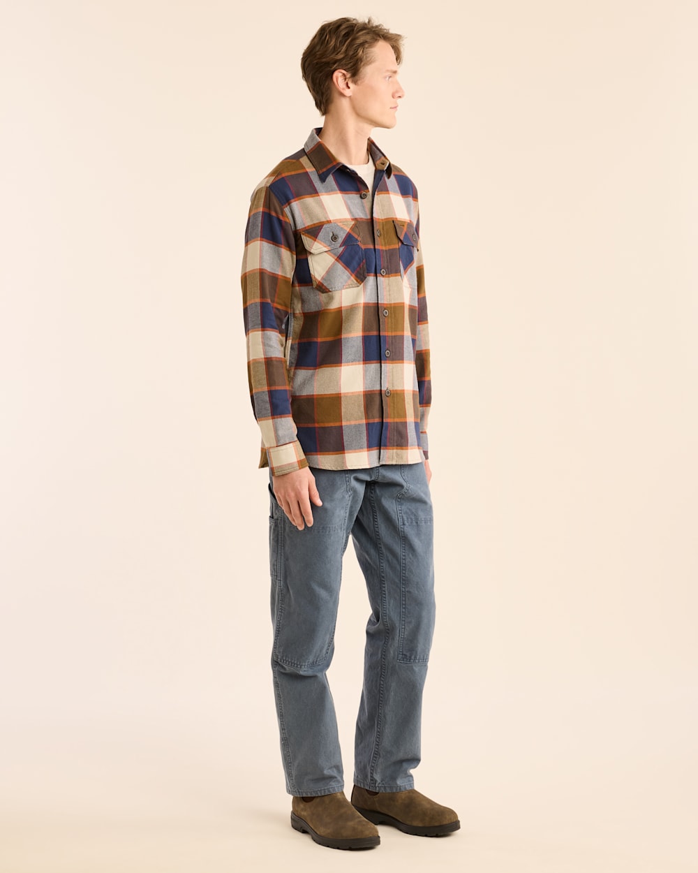 ALTERNATE VIEW OF MEN'S PLAID BURNSIDE DOUBLEBRUSHED FLANNEL SHIRT IN NAVY/GREY/OCHRE PLAID image number 2