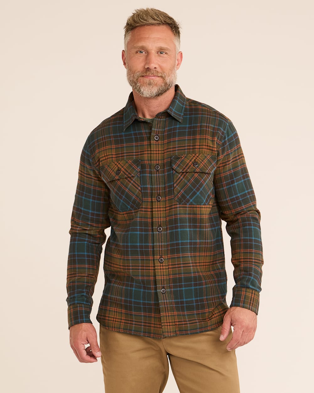 MEN'S PLAID BURNSIDE DOUBLEBRUSHED FLANNEL SHIRT IN OLIVE/BLUE/RUST PLAID image number 1