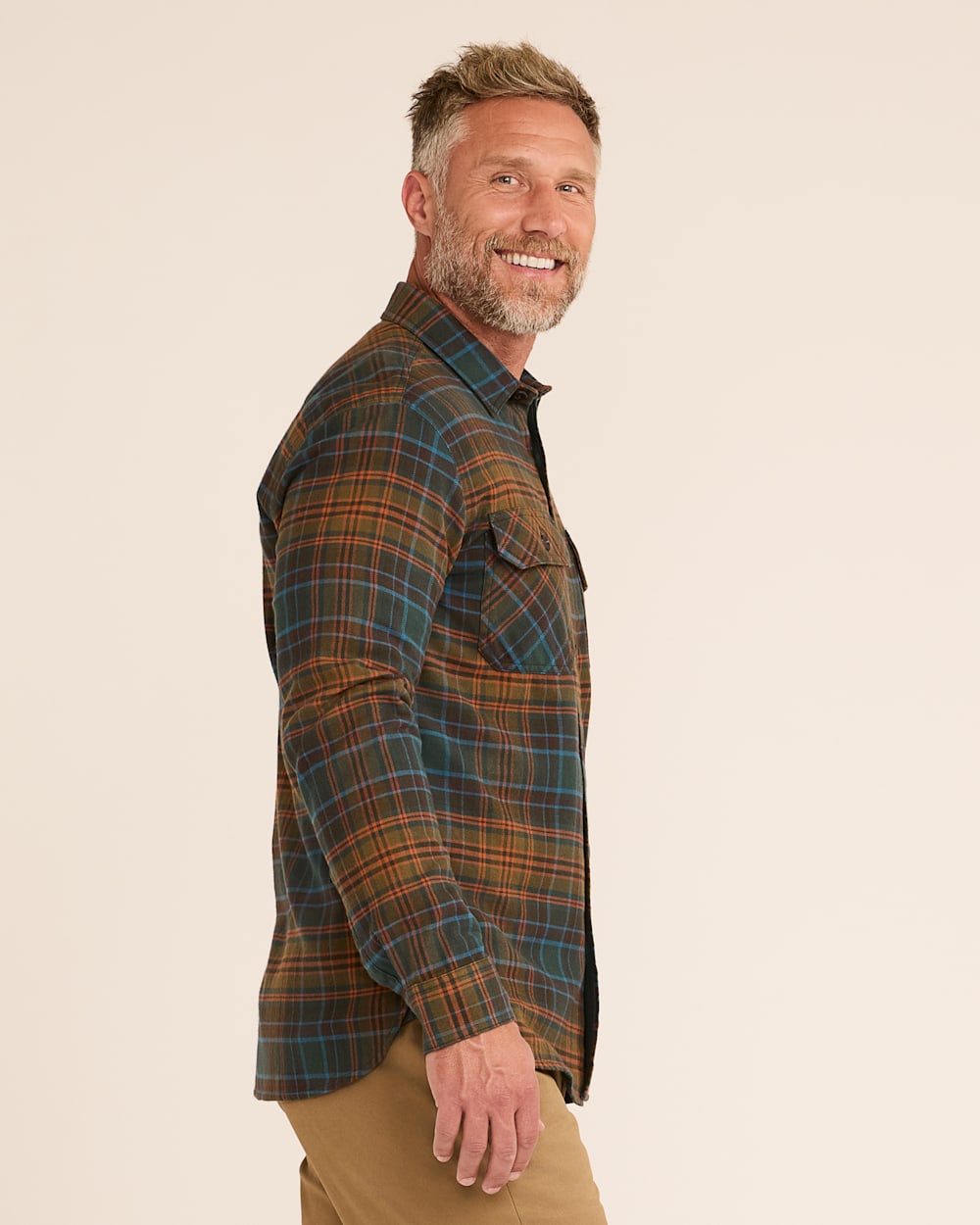 ALTERNATE VIEW OF MEN'S PLAID BURNSIDE DOUBLEBRUSHED FLANNEL SHIRT IN OLIVE/BLUE/RUST PLAID image number 2