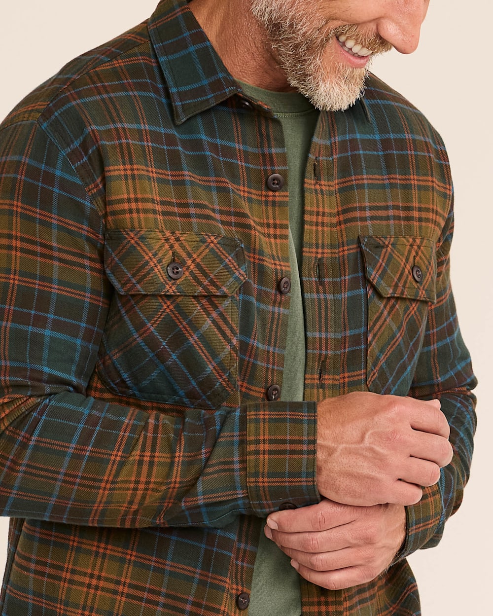 ALTERNATE VIEW OF MEN'S PLAID BURNSIDE DOUBLEBRUSHED FLANNEL SHIRT IN OLIVE/BLUE/RUST PLAID image number 4