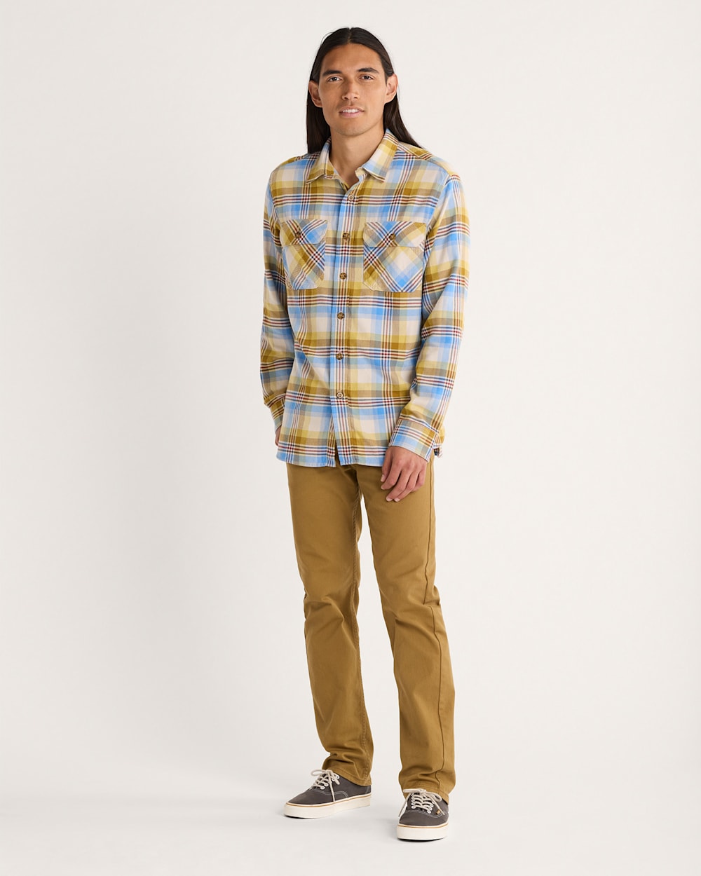 ALTERNATE VIEW OF MEN'S PLAID BURNSIDE DOUBLEBRUSHED FLANNEL SHIRT IN TAN/BLUE/GOLD PLAID image number 4