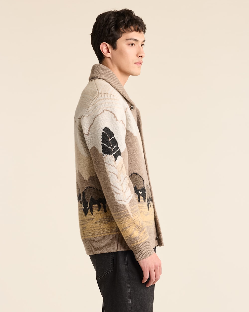 ALTERNATE VIEW OF MEN'S IN THEIR ELEMENT LAMBSWOOL CARDIGAN IN TAN BUFFALO image number 2