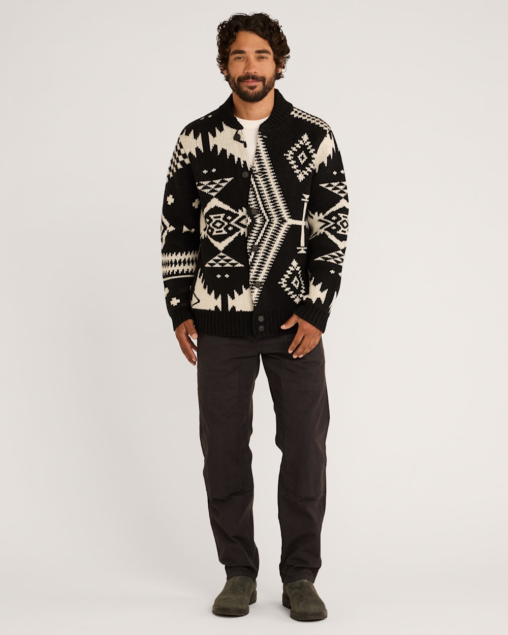 ALTERNATE VIEW OF MEN'S MIXED ICONS LAMBSWOOL CARDIGAN IN BLACK/WHITE image number 5