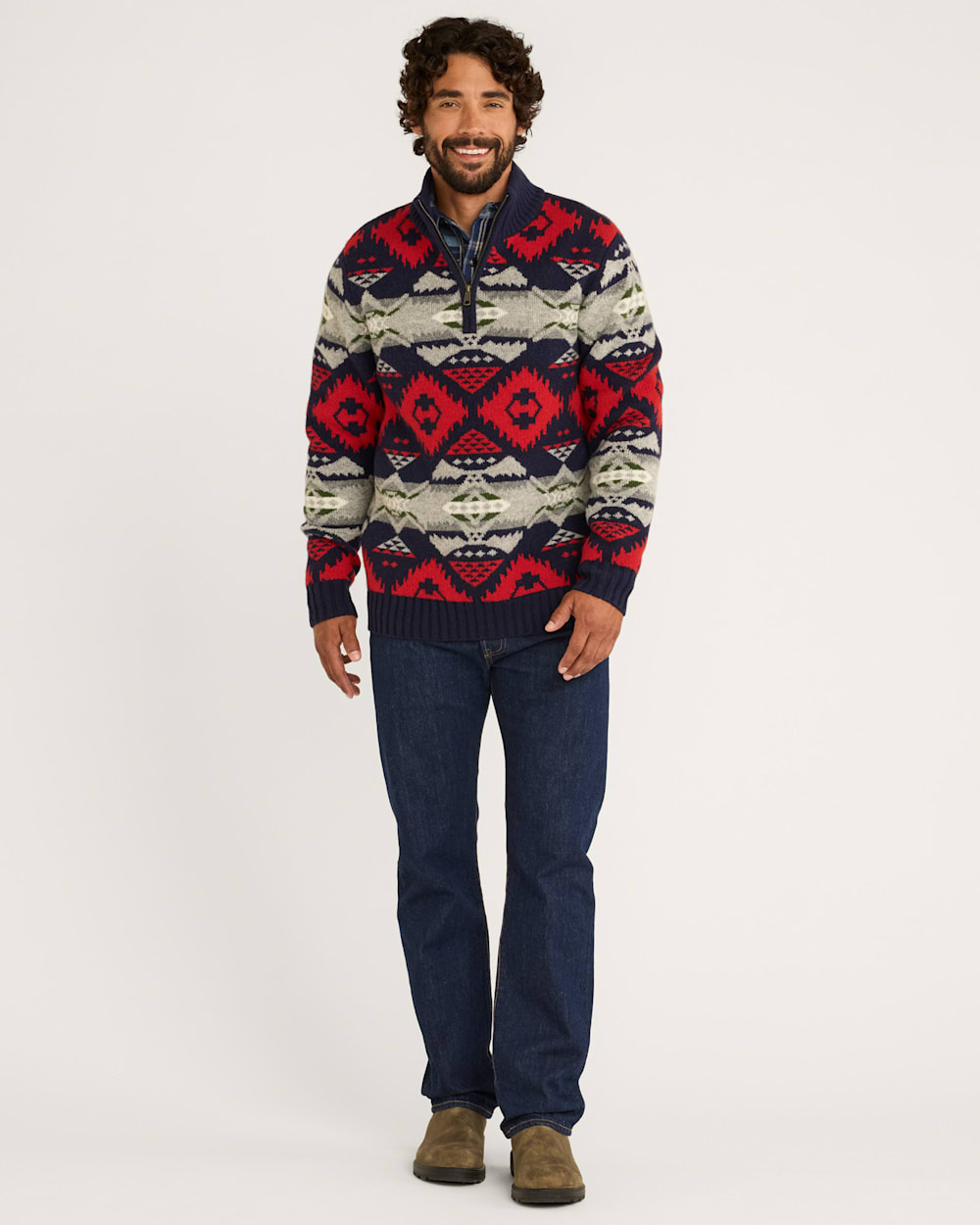 ALTERNATE VIEW OF MEN'S NEHALEM QUARTER ZIP LAMBSWOOL SWEATER IN NAVY/RED image number 5