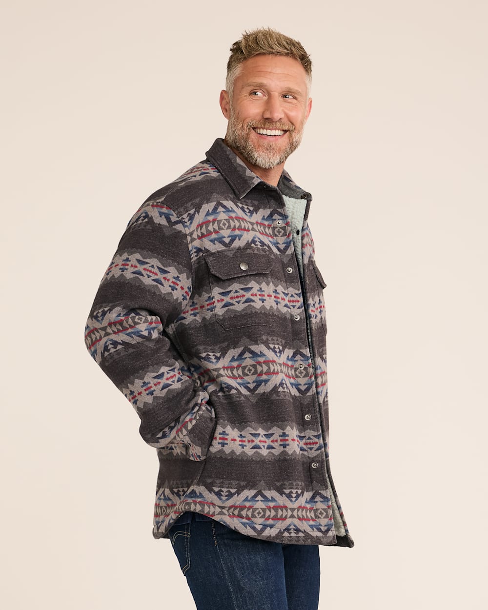 ALTERNATE VIEW OF MEN'S SOLSTICE CANYON DOUBLESOFT SHERPA-LINED SHIRT JACKET IN GREY image number 2