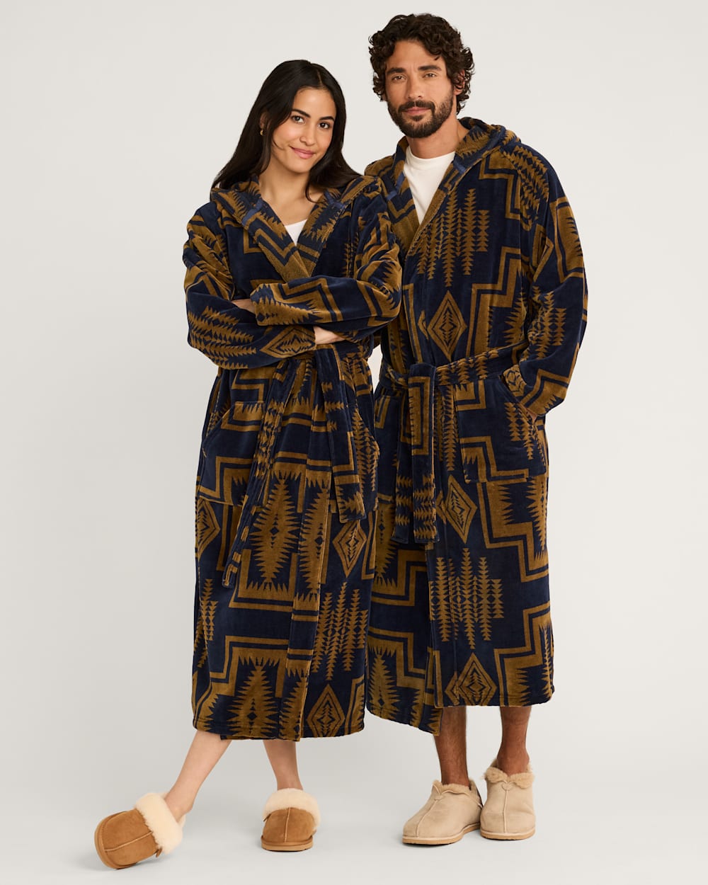 UNISEX HARDING COTTON TERRY VELOUR ROBE IN NAVY/BRONZE image number 1