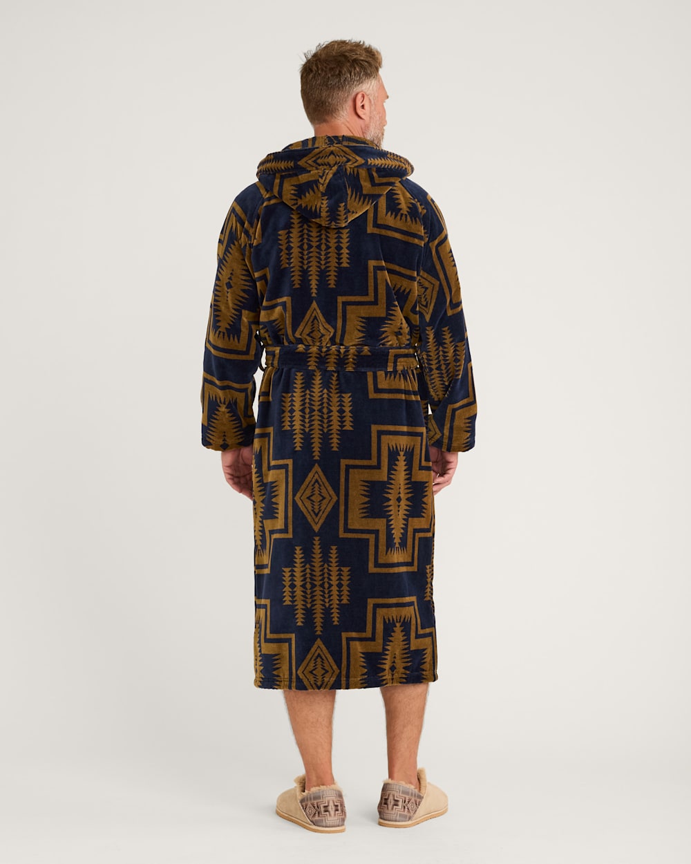 ALTERNATE VIEW OF UNISEX HARDING COTTON TERRY VELOUR ROBE IN NAVY/BRONZE image number 4