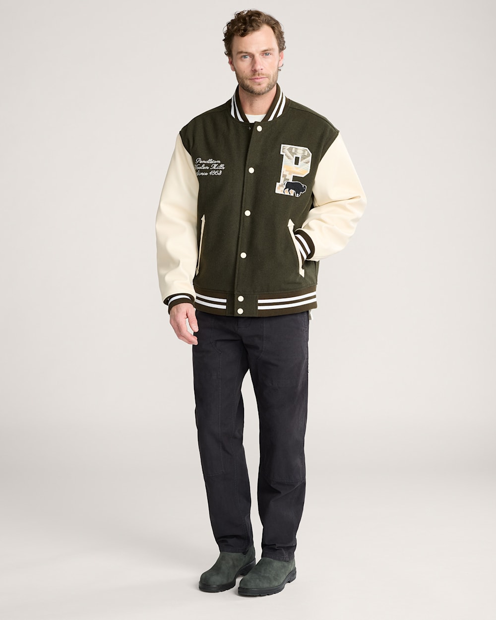 ALTERNATE VIEW OF MEN'S PENDLETON UK WOOL/LEATHER VARSITY JACKET IN DARK OLIVE image number 5