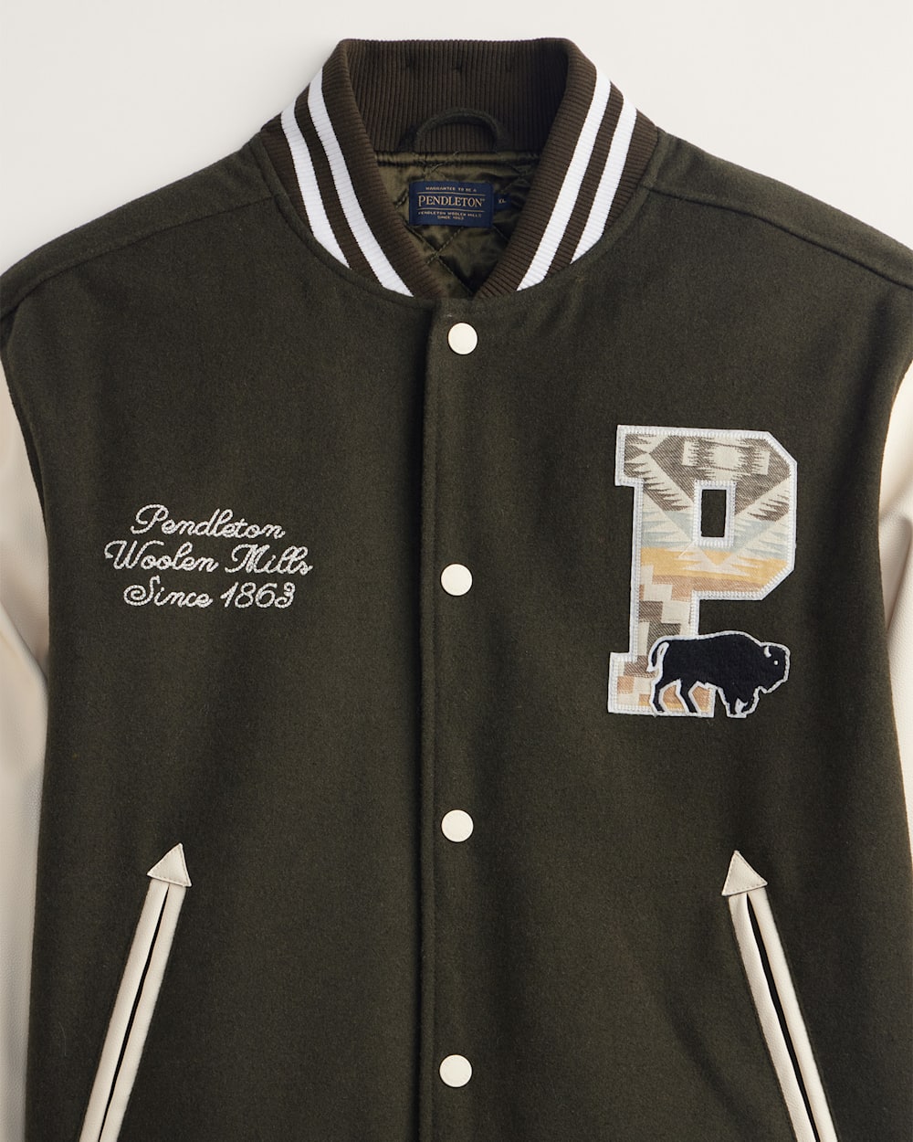 ALTERNATE VIEW OF MEN'S PENDLETON UK WOOL/LEATHER VARSITY JACKET IN DARK OLIVE image number 6