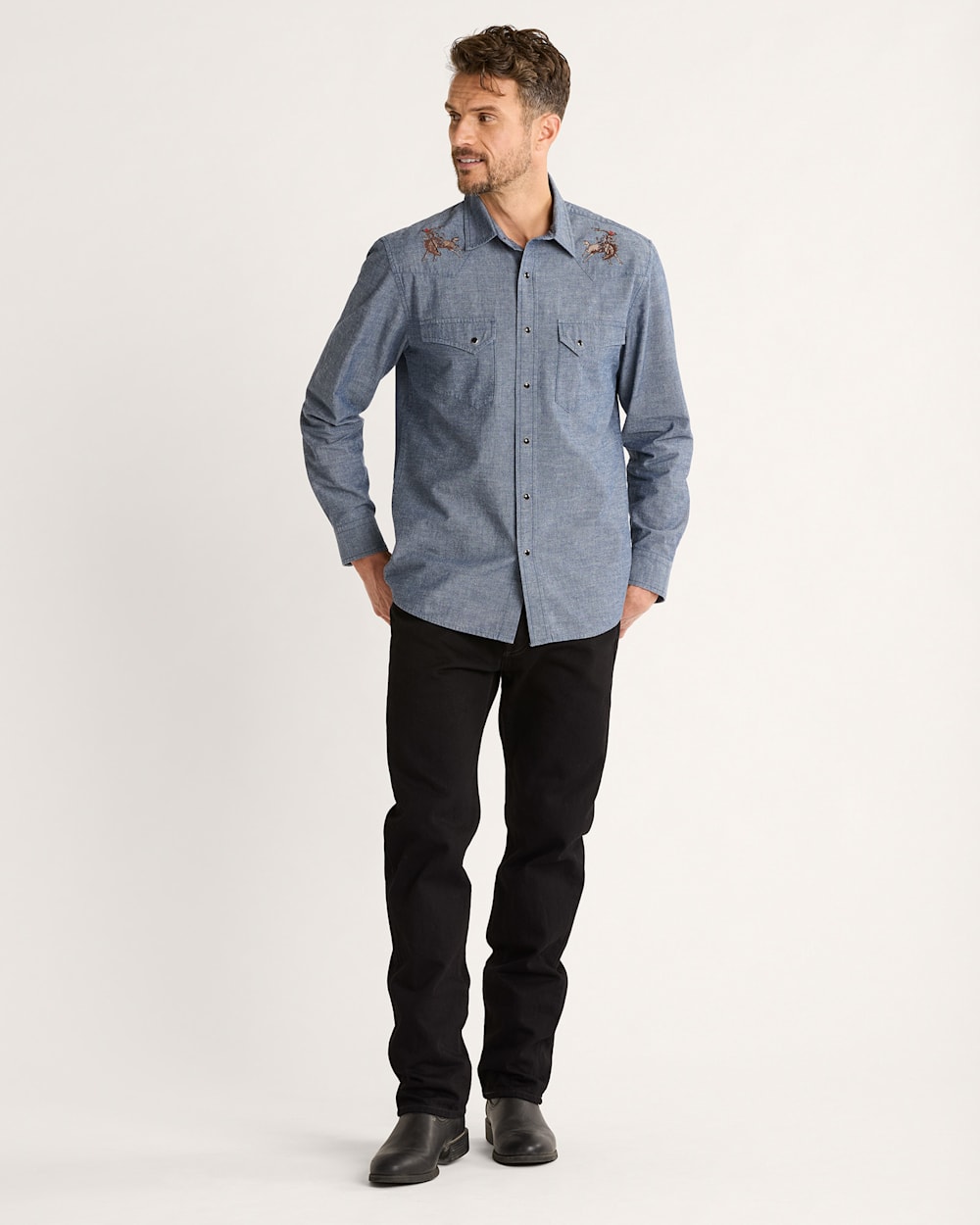 ALTERNATE VIEW OF MEN'S RODEO EMBROIDERED CHAMBRAY GAMBLER SHIRT IN DARK BLUE/RODEO image number 5