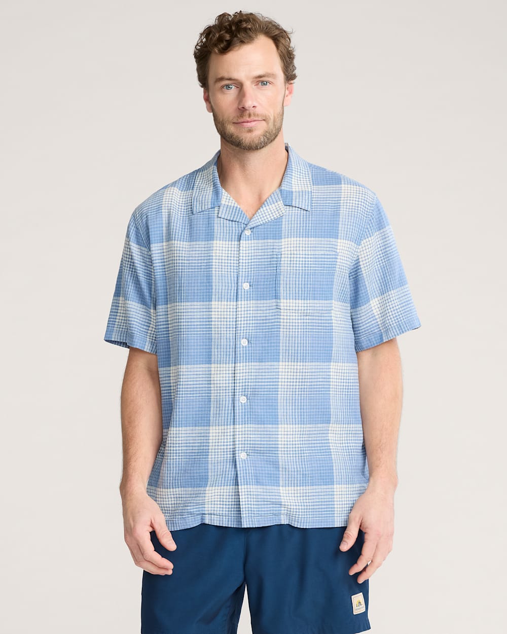 MEN'S PLAID LINEN CAMP SHIRT IN BLUE/WHITE OMBRE image number 1