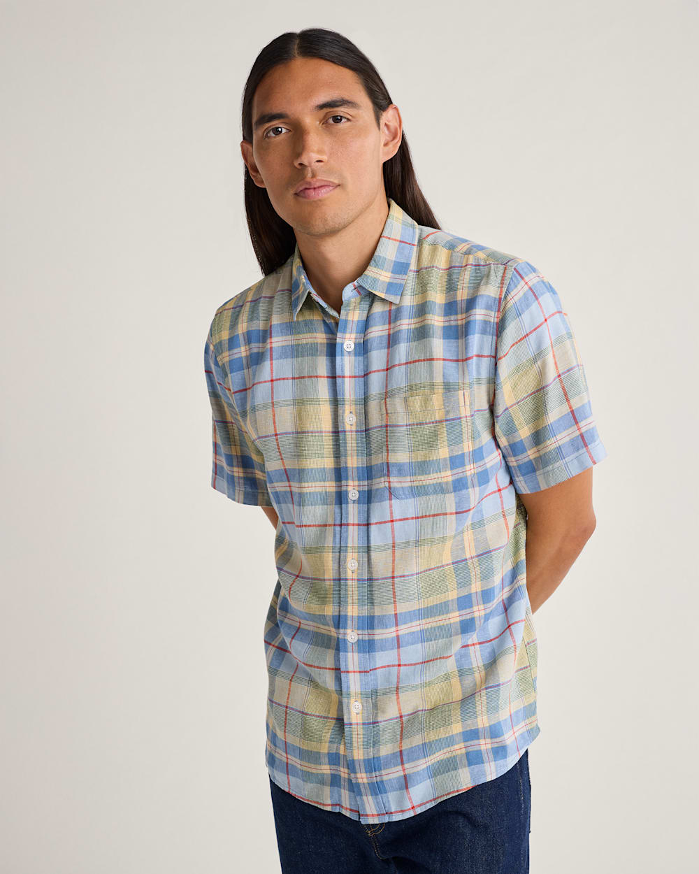 MEN'S PLAID SHORELINE LINEN SHIRT IN BLUE MULTI image number 1