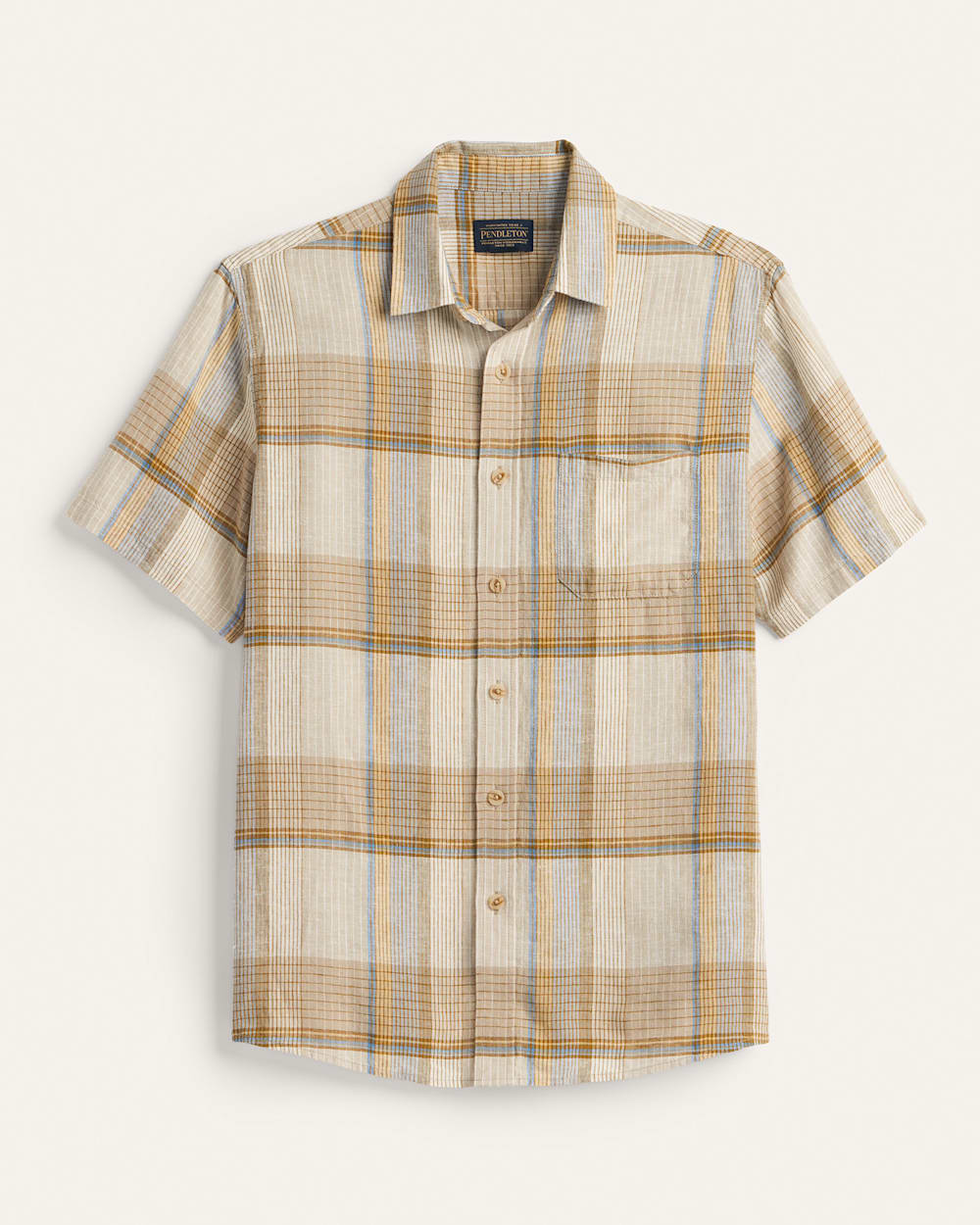 MEN'S SHORT-SLEEVE PLAID SHORELINE LINEN SHIRT IN ECRU/TAN/BLUE image number 1