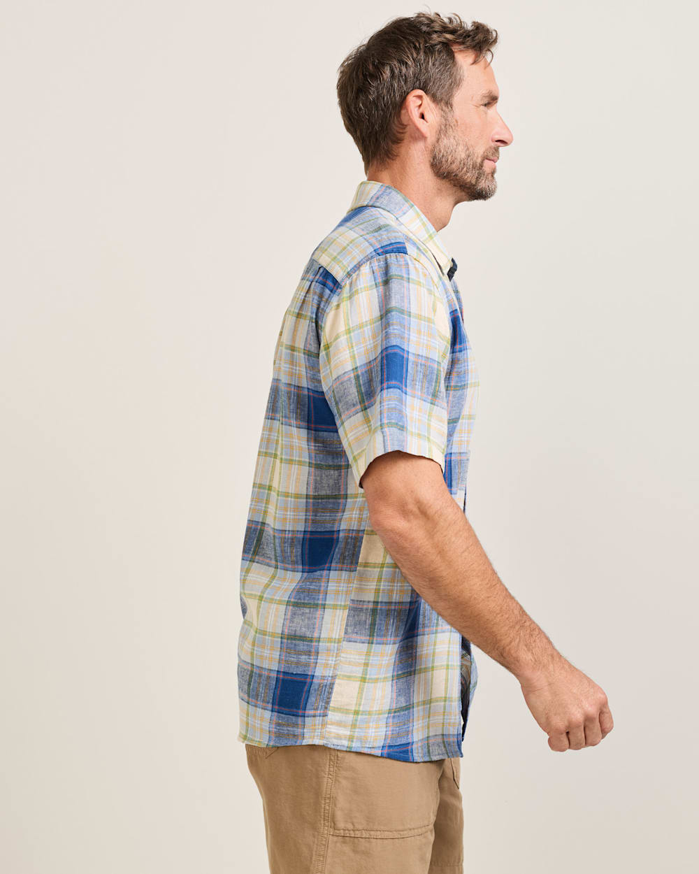 ALTERNATE VIEW OF MEN'S SHORT-SLEEVE PLAID SHORELINE LINEN SHIRT IN BLUE MULTI image number 3